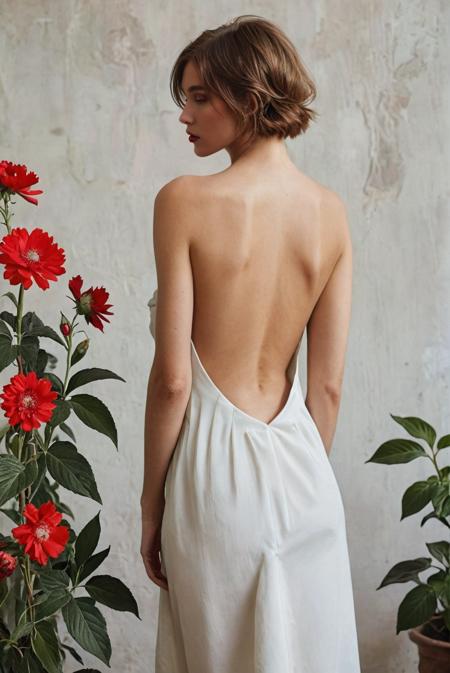 1girl, backless outfit, solo, backless dress, flower, dress, bare back, white dress, brown hair, short hair, back, plant, red flower, standing, from behind, looking back
<lora:MJ52:0.65> <lora:Fine art photography style:0.3> Fine art photography style <lora:nurlens_SDXL_V0.1:0.3> NurLens