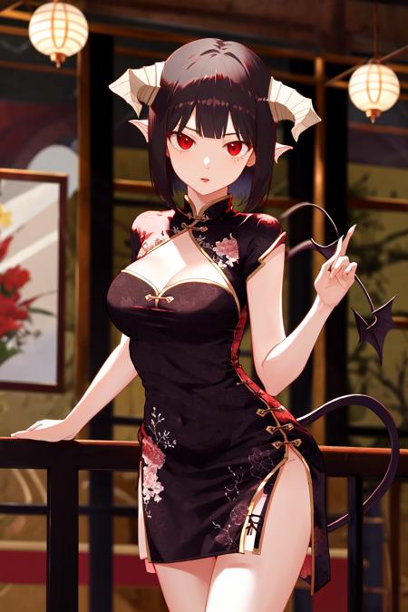 masterpiece, best quality, highres, 1girl horns short hair demon tail <lora:goumon_torture_no_outfit:1> china dress