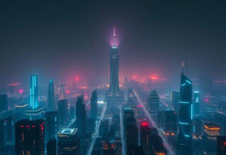 futuristic city, tron, neon, grid, retrowave, megalopolis, distant city, plain, skyscraper in the middle, cyan, night, fog, tron legacy,