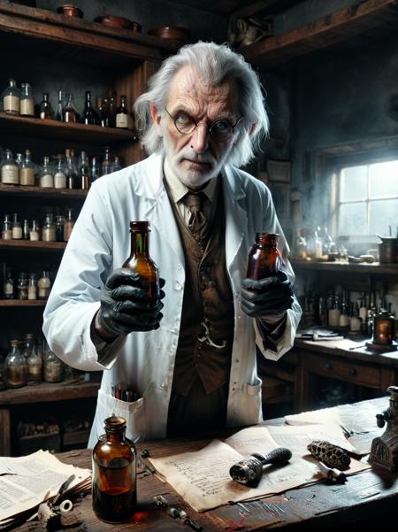 evil old doctor in the laboratory, holding a bottle in his hands, ral-mythcr, High detailed RAW color Photo, 8k <lora:ral-mythcr:1>  <lora:xl_more_art-full_v1:0.8>