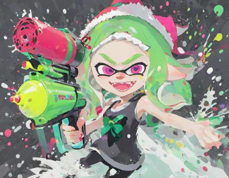 (masterpiece),(highest quality), highres,
inkling firing splattershot style water gun, santa hat, solo, fangs, smiling, green hair, pink eyes, red gift bow hair accessory, pale skin,
christmas, theme park, running, foreshortening, ink tank, shooting ink, paint splatter, battle,
flying gifts