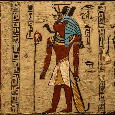 <lora:Ancient_Egypt_Painting_Style:1> ancientegypt, old egyptian wall painting of an Egyptian God, powerful, menacing, ancient, 2d, perfect composition, masterpiece