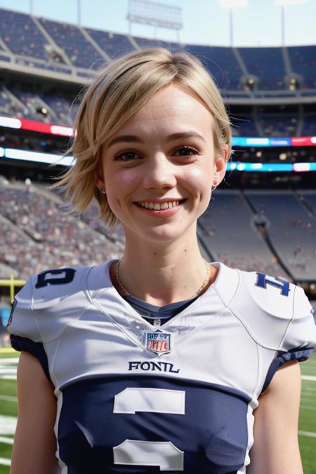 (CareyMulligan:0.9), NFL football stadium, football jersey, (big smile:1.3), September, masterpiece, stadium seating, crowded, pose, standing, casual, (closeup on upper body)