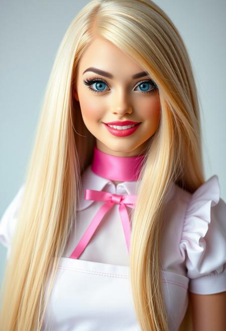 a professional photo of a hair model, looks like a Barbie doll, extremely long straight blonde hair, side parted hair, big blue eyes, glamorous makeup, pink lipstick, smiling, pink maid uniform, pink choker with bow, thin legs