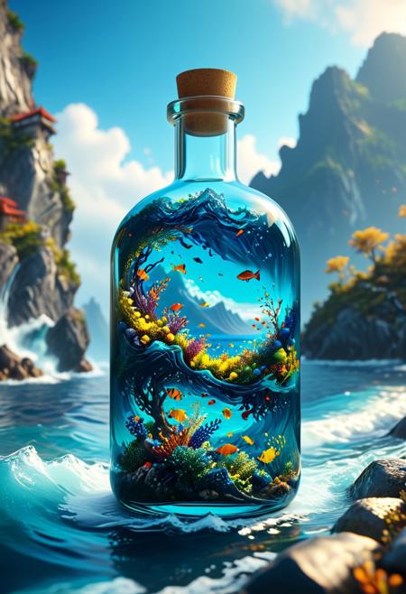 A stunning landscape encapsulated in a bottle, floating atop the sea, is creatively depicted in this detailed matte painting. The deep colors, fantastical elements, and intricate details come together to create a mesmerizing splash screen. The harmonious blend of complementary colors adds depth to the fantasy concept art, which has gained popularity on Artstation and is now showcased in 8K resolution using Unreal Engine 5.