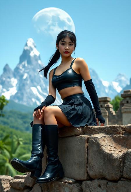 Petite and slender Asian woman. Dark hair tied back into pony tail. Blue eyes. Light makeup. Dark blue leather sports bra, short black pleated leather skirt. High black leather boots. Black fingerless gloves. Her leather outfit is trimmed with red embroidered patterns. She is sat on a wall in a ruined temple, its broken walls absorbed into the surrounding jungle. In a crystal clear background, highly detailed, tall snow capped, jagged peaks soar into a blue sky, a ghostly ringed moon is rising