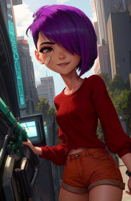 mai, short hair, bandaid on face, purple hair,  hair over one eye,  brown eyes, 
orange shorts,    red shirt, long sleeves,  kneehighs, 
upper body,  robots,  
cyberpunk,  soccer field, morning,   light smile, 
(insanely detailed, beautiful detailed face,beautiful detailed eyes, masterpiece, best quality) 
 <lora:maisu:0.7>