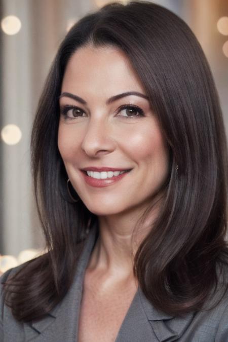 Portrait photo of an4pp4dr40 woman, (light bokeh)++, (gray blazer)+, detailed face, in a bedroom, makeup, smile