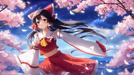 (masterpiece, best quality, highres, anime art style, pixiv), (1girl, solo, hakurei reimu, blush, upper body), cherry blossoms, night, starry sky, <lora:hakurei_reimu_xl-000050:0.7>