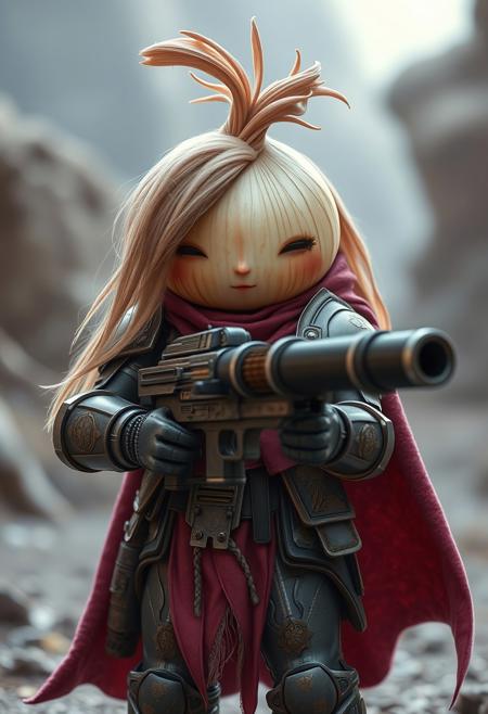 a long haired onion in futuristic armor holding a laser canon, cute, scene from a science fiction movie