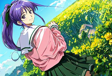 <lora:takabe:0.8>,takabe,1girl,super fine illustration,masterpiece,best quality,smile,looking_back,school_uniform,nature,in spring,blue sky,