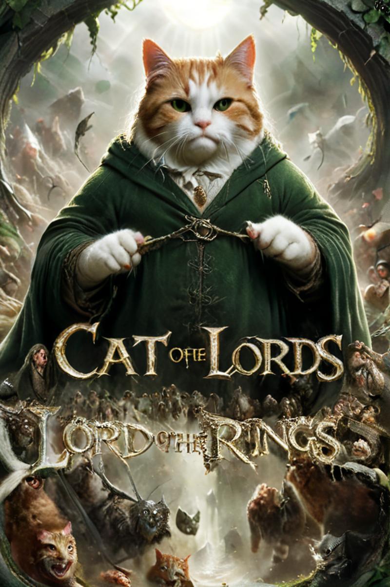 A cat dressed as a wizard in a Lord of the Rings inspired scene.