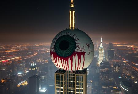 cinematic, 32k, hyper detailed, a giant eyeball speard on top of the empire state building, bleeding
