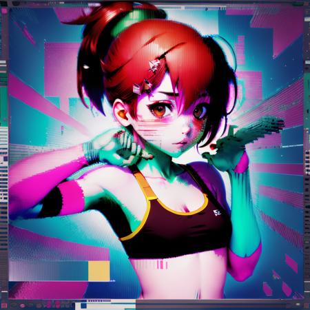 glitchcore, glitched, artefact, solo, short red hair, ponytail, small breast, sport bra, looking at viewer, <lora:glitchcore-15_v2:0.9>