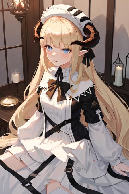 best quality, masterpiece, highres, solo, {nightingale_arknights:1.15}, long_hair, horns, blonde_hair, bangs, blue_eyes, hat, very_long_hair, white_headwear, upper_body, demon_horns