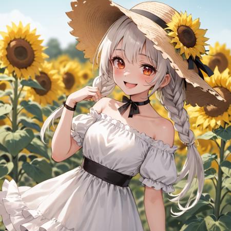 1girl, sunflower, flower, solo, hat, long white hair, braid, dress, smile, open mouth, looking at viewer, holding, white dress, short sleeves, straw hat, collarbone, :d, outdoors, blurry, bangs, bare shoulders, yellow flower, ribbon, petals, upper body, red eyes, blurry background, holding flower, sun hat, off shoulder, puffy short sleeves, brown headwear, ribbon choker, blush, puffy sleeves, choker, hat flower, frills, day, depth of field, off-shoulder dress, white ribbon, single braid"