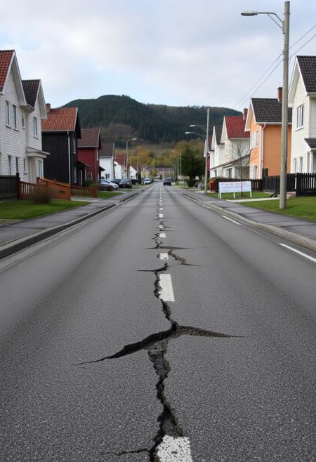 A cracked asphalt road full of potholes in a nice and tidy neigbourhood in norway