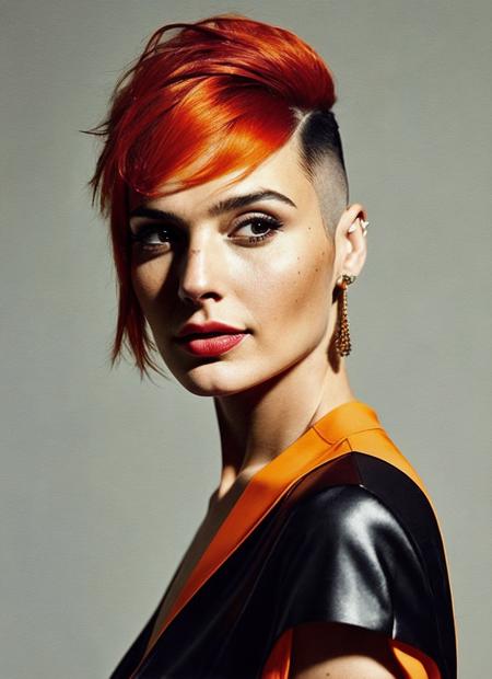 analog style, modelshoot style, portrait of sks woman by Flora Borsi, style by Flora Borsi, bold, bright colours, orange Mohawk haircut, ((Flora Borsi)), <lora:locon_gal_v1_from_v1_64_32:1.25>