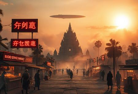 dawn of a new world, ancient cambodian temple in the mist of a futuristic alien landscape. A large industrial looking freight carrying space transporter can be seen in the distance slowly exiting earths atmosphere. Neon signage in an Asian style alien script addorns billboars framing the ancient ruins. Promenades can be seen through the mist with food stalls starting to serve breakfast. Androids, various different species of Aliens and humans in ancient style m=futuristic clothing can be glimpsed going about their mornings.