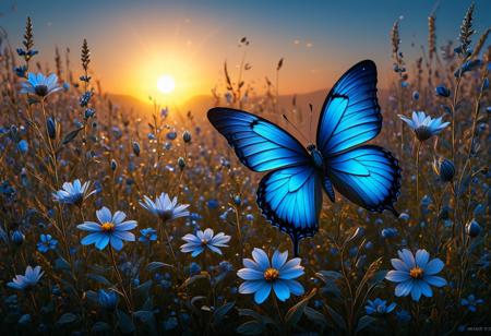 Terrestrial tapestry, wild flowers at sunrise, a surreal play of chiaroscuro, by Valent10179, hd, a stunning digital h. bosch's masterpiece, tiny blue butterfly sitting on detailed petal, sculptural 3d convexity