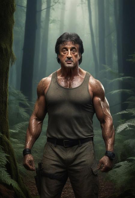 The image is a digital illustration of a mysterious and strange scene in a forest. The focal point of the image is Rambo (Sylvester Stallone) in the middle of the frame. Rambo is sweaty and covered in dirt, his gaze is menacing, The background is filled with tall trees and ferns, creating a canopy of dense greenery. A bright light shines through the trees, casting a warm glow over the scene. The general atmosphere of the illustration is strange and mysterious