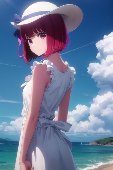 kanaarima, <lora:kana arima s1-lora-nochekaiser:1>,
kana arima, short hair, bangs, (red eyes:1.3), red hair, bob cut, smile,
BREAK hat, dress, ribbon, sleeveless, white dress, sleeveless dress, white headwear, sun hat, sundress,
BREAK outdoors, ocean, beach, sun, sky, clouds, day,
BREAK looking at viewer, (cowboy shot:1.5),
BREAK <lyco:GoodHands-beta2:1>, (masterpiece:1.2), best quality, high resolution, unity 8k wallpaper, (illustration:0.8), (beautiful detailed eyes:1.6), extremely detailed face, perfect lighting, extremely detailed CG, (perfect hands, perfect anatomy),