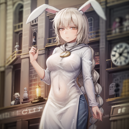 node a closeup of the lady, 1girl, solo, animal ears, braid, rabbit ears, clock amulet,