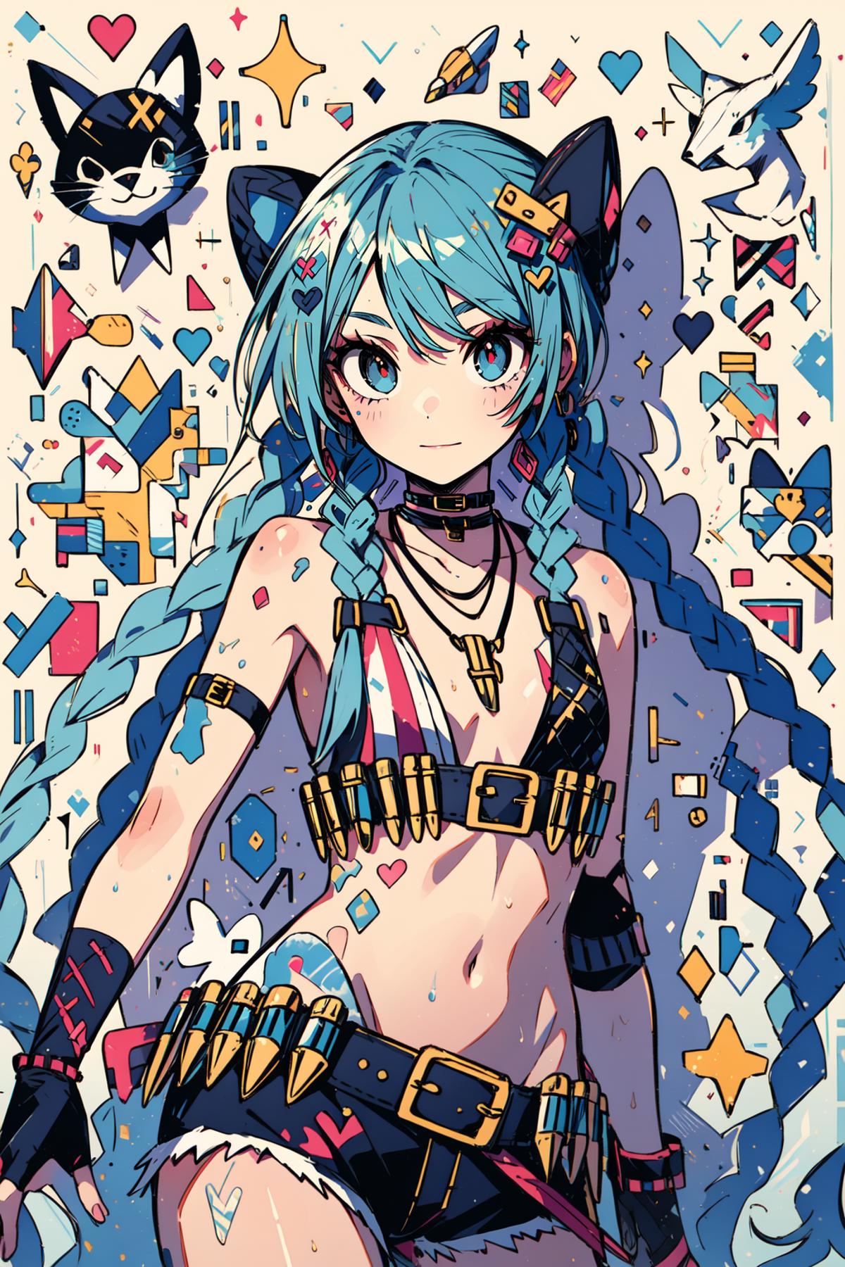 Anime girl with blue hair and a black and gold corset.