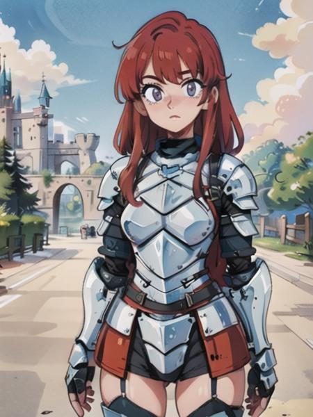 (best quality, masterpiece, illustration:1.1), 1girl, female knight, full metal armor, red hair, grey eyes, holding sword, castle, sidelighting, (cowboy shot:1.2),  <lora:BrushlineBeta:0.6>