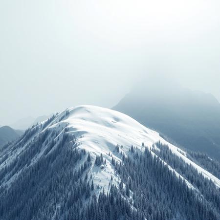 Snowy Hilltop, Bright White Sky, Whiteout, Deep Forest Below, (Crystallization Fragmentation), Alpine Slopes, Towering Rocky Craters, Realistic, Blizzard, <A-3>, Massive Scale, HighRes