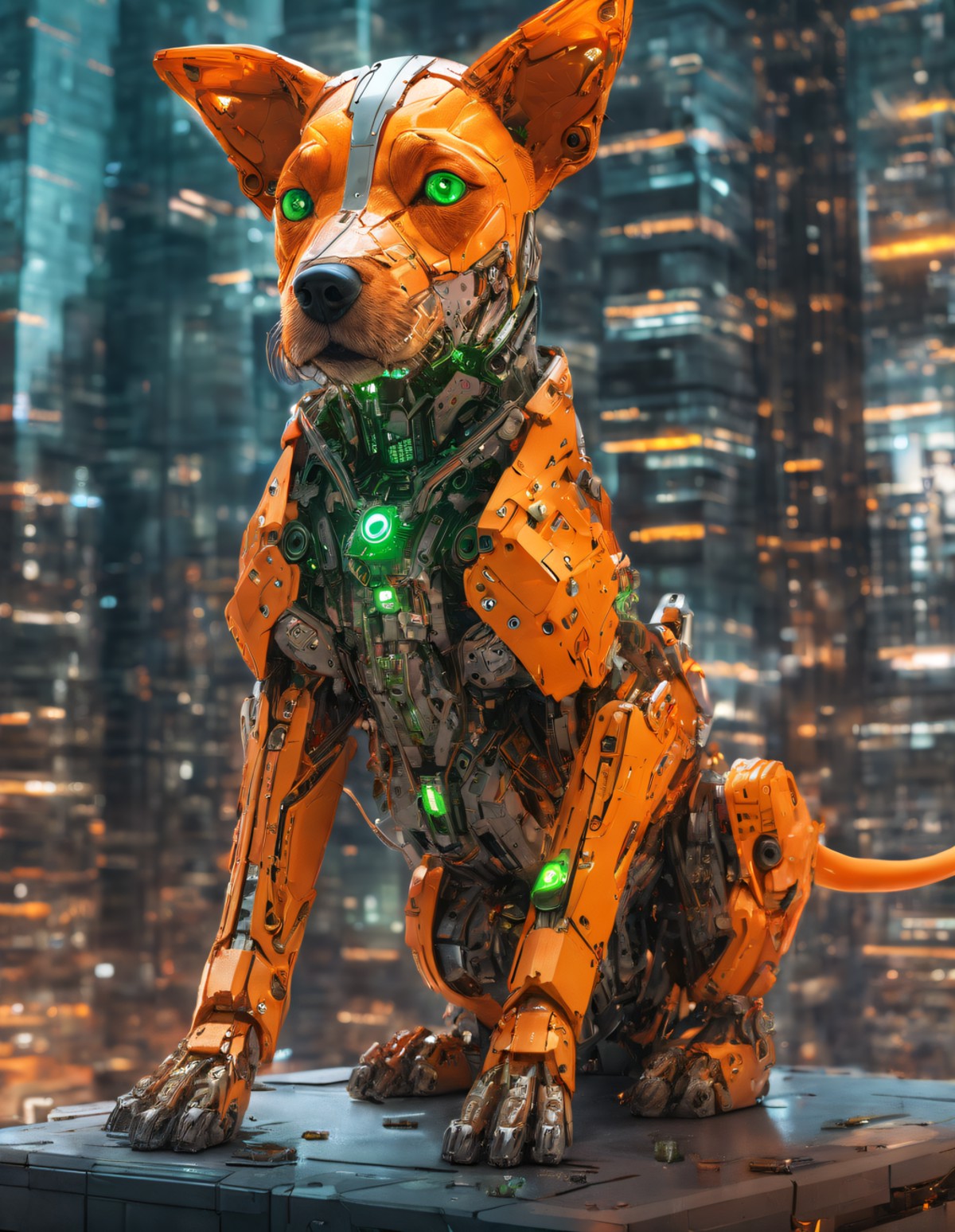(breathtaking:1.25), a cute puppy made out of orange plastic, green eyes, cyborg, (battle scene, dynamic pose, contrappost...