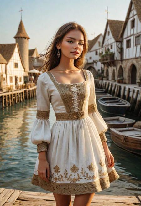 (masterpiece, best quality), 1girl 24yo, in a medieval seaside hamlet, (intricate medieval dress:1.3), outdoors by the pier of a small medieval village, boats with white sails, intricate detail, sunlight, ultra realistic,
pn