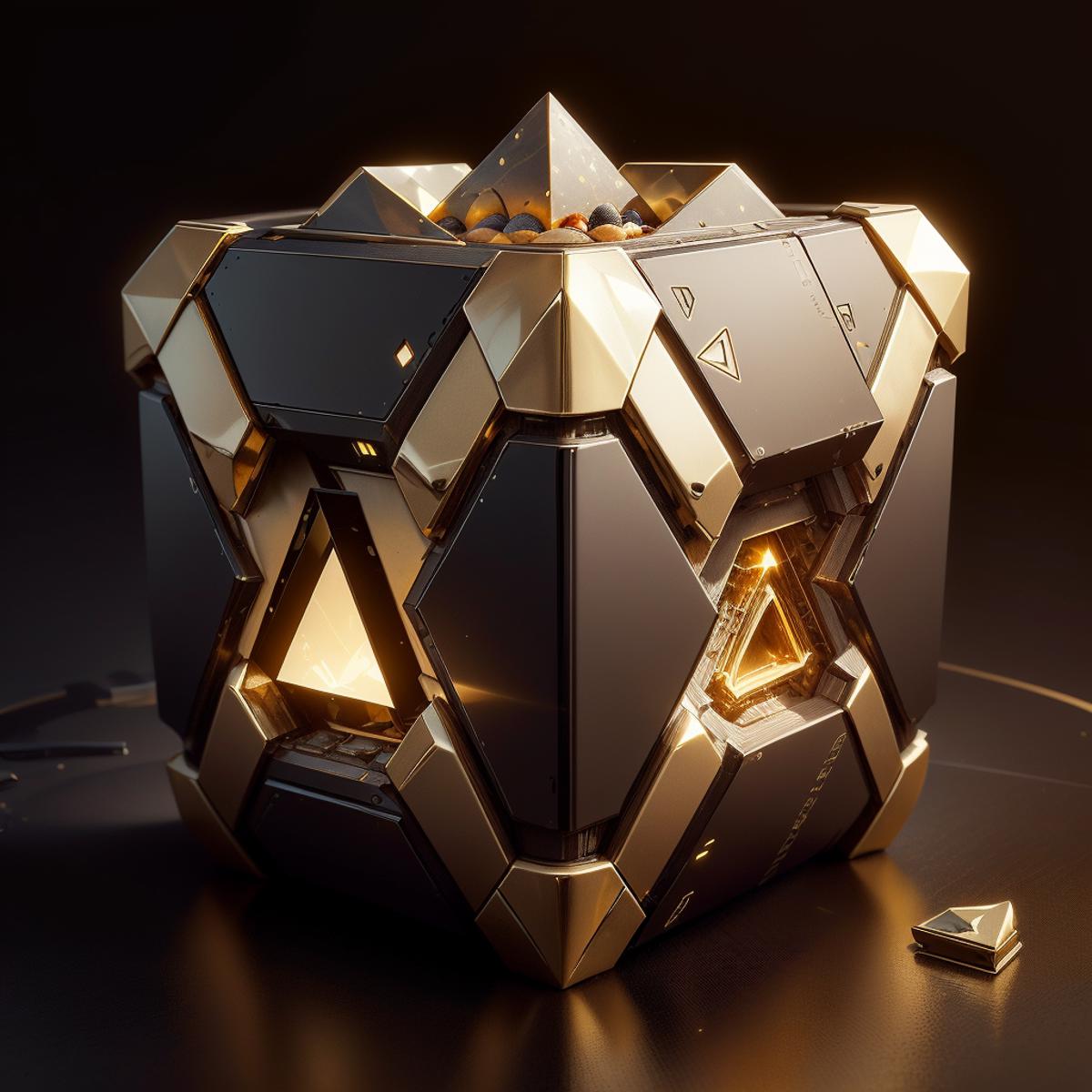 A 3D geometric puzzle box with gold and black triangles.