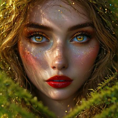 A hidden clearing, moss-draped forest, pulsed, otherworldly glow light. A bonfire, branches of rowan, (dancing shadows:1.2),  whirlwind of violet and gold, surprised look on her face, detailed green/blue eyes, (red lipstick with brown tones) (detailed face:1.2), (golden glitter:1.2), hair mixed with leaves
