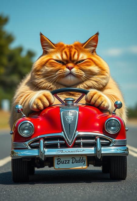 "A behemoth of a fat cat, its massive frame squeezed behind the wheel of a toy-like vehicle, its bright, fire-engine red paint job gleaming like a ruby in the sunlight. The car's miniature proportions seemed to be on the verge of collapse under the cats enormity, its delicate, chrome-plated bumper and grille threatening to buckle beneath the cats imposing bulk. As he grasped the steering wheel, his enormous paws engulfed the tiny circumference, his paws drumming out a staccato beat on the dashboard as he navigated the road with a look of absurd, delighted concentration, his face etched by a joyful smile. The front license plate says: "Buzz Daddy". highest-Quality, intricate details, visually stunning, Masterpiece