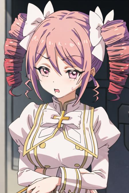 best quality, masterpiece, highres, solo, {pino_jashinchandropkick:1.15}, drill_hair, pink_hair, twin_drills, ribbon, twintails, hair_ribbon, cross, pink_eyes, 1girl, closed_eyes, drooling, saliva