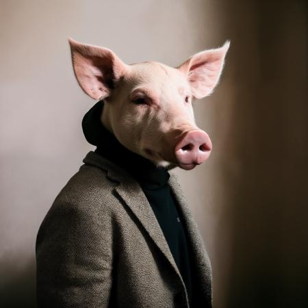 RAW photo, animal, a portrait photo of [man:pig:2] humanoid in clothes, face, 8k uhd, dslr, soft lighting, high quality, film grain, Fujifilm XT3