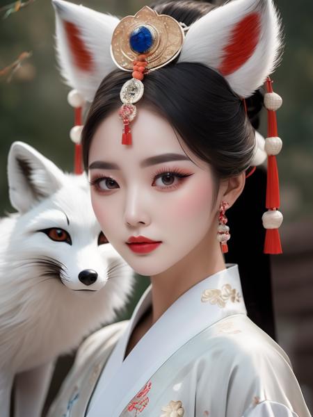 A very coquittish girl, sexy beautiful, big eyes, lancet eyebrows, foxy eyes, wearing gorgeous Hanfu, gorgeous headdress, gorgeous light, in line with the description of the fox goddess Daji in the ancient Chinese myth "The List of Gods". Behind him is an abstract white fox with nine tails (Beijing Opera facial makeup style), a full-body shot that blends tradition and modernity<lora:neg4all_bdsqlsz_xl_V6:1> <lora:Movecolor_Foxgirl_V1.0:0.5>