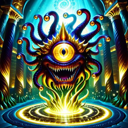 ⁨[STYLE & QUALITY::-1]
digital artwork, masterpiece, high detailed, best quality, high res, very aesthetic, absurdres, artistic, dynamic perspective, amazing quality, vibrant colors, high resolution, ultra-detailed, absurdres, newest, dynamic pose, safe, PG rating
[SUBJECT::-1]
A Beholder, D&D, dungeons & dragons, a floating monster, single eye, tentacles grasping around, glowing eyes,, sharp teeth, psychic power
[CLOTHES::-1]
[ACTIONS & POSE::-1]
[BACKGROUND::-1]
golden palace, regal monster