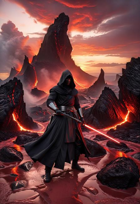 score_9, score_8_up, score_7_up, score_6_up, score_5_up, score_4_up, (absurdres, best quality, masterpiece:1.4), illustration, photorealistic, cinematic lighting, dynamic angle, perfect composition, volcanic landscape, red skies, jagged rocks, lava flows, hooded figure, double-bladed saber, powerful stance, black robes, intense atmosphere, menacing