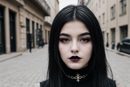 Teen brunnete nordic goth girl | tattoo | dark | Adult | On street | High quality | gothic makeup | realistic | informal | cute girl | bob cut hair | choker | solo | black hair