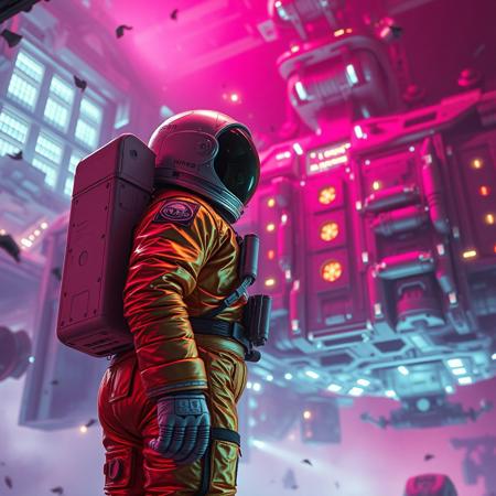 A cinematic shot of an astronaut in a vibrant golden spacesuit standing in the foreground, with a massive, intricate space station or spacecraft as the backdrop. The space station is adorned with numerous lights, windows, and technical details. The astronaut's suit is equipped with various gadgets and patches. The atmosphere is filled with floating debris and a hazy magenta glow