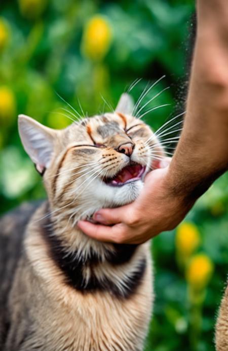 <lora:sdxl_headpat_v1-000075:0.5:1.0> petting funny looking cat, amazing wildlife photography, in a garden