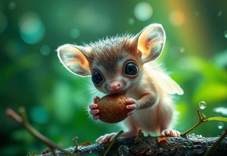 furry little translucent mammal in a rain forest zoomed in, rainbow of light reflection off dew, green and vivid colors, wild fog, large eyes, transparent body, invisible like a jelly fish, huge ears, very cute, incredibly adorable, eating a nut, fungal hair, see through, wings, amazing atmosphere, detailed background, mystical realm, floating orbs of light
