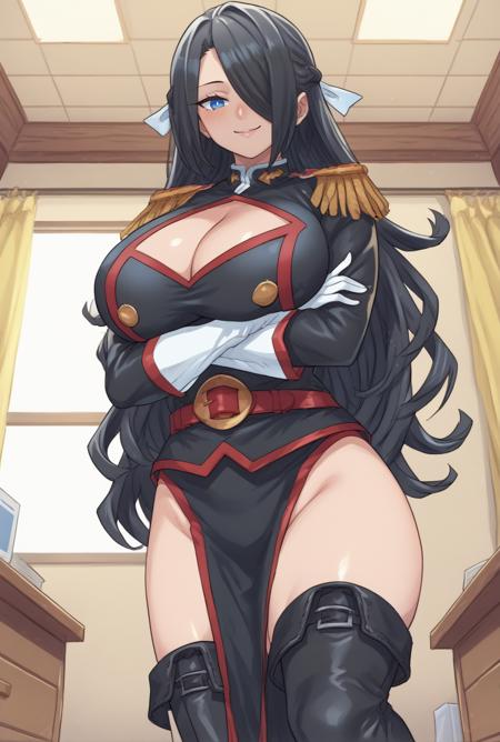 FubukiAzuma, long hair, black hair, hair over one eye, blue eyes, black dress, military uniform,red trim, double-breasted, cleavage cutout, red belt, pelvic curtain, epaulettes, long sleeves, white gloves, elbow gloves, hair ribbon, white ribbon thigh boots, black legwear