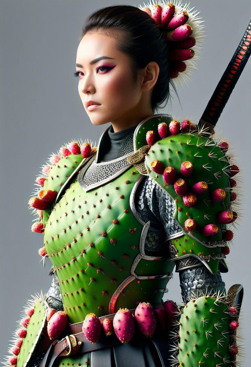 Ultrarealistic. sharp focus, dynamic lighting. play of light, Raytracing, Ultra detailed. (Prickly Pear Style). A beautiful female samurai warrior wearing an armor made of Prickly Pear. Katana in hand. Cowboy shot. Make up.