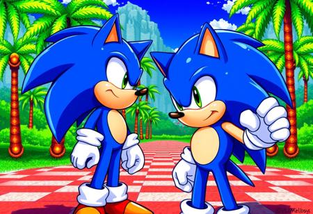 masterpiece, best quality, ultra-detailed, sharp focus), <lora:sonic_v1:0.8>, Sonic the Hedgehog (modern sonic, game render, detailed blue fur, green eyes, determined look) standing face to face with his 8-bit self (pixel art, low res sprite, large pixels, chibi, cheerful expression) <lora:pixel_style_v2:0.7>, in a detailed 8-bit Green Hill Zone background (pixel art, side view, loop-de-loops, palm trees, checkered ground, blue sky, parallax scrolling, Sega Master System style). contrasting styles, retro meets modern, digital painting, nostalgic game scene.