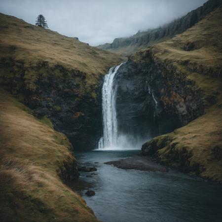 raw photo, 8k uhd, dslr, high quality, (best quality: 1.1), (masterpiece: 1.4), (realisitc: 1.2), (absurdres: 1.2), (photorealistic: 1.3), (a waterfall over a seaside cliff), ins style,scenery, outdoors,grass and snow, cloudy, sky, day, snowmountain, landscape,peaceful scene,  <lora:ins-lab:0.8>