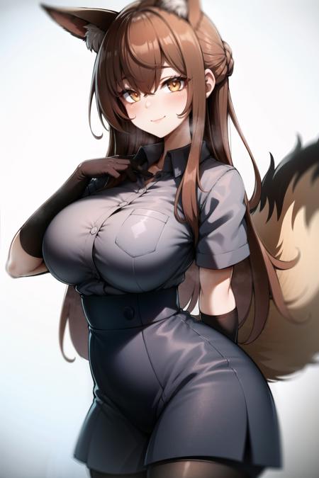 best quality, solo,<lora:Frankav1:1>, Franka, 1girl, solo, long hair, breasts, looking at viewer, blush, smile, bangs, skirt, large breasts, simple background, brown hair, shirt, thighhighs, gloves, white background, animal ears, hair between eyes, brown eyes, very long hair, closed mouth, tail, short sleeves, black gloves, elbow gloves, collared shirt, black skirt, animal ear fluff, fox ears, fox tail, fox girl, single thighhigh, grey shirt, asymmetrical legwear,