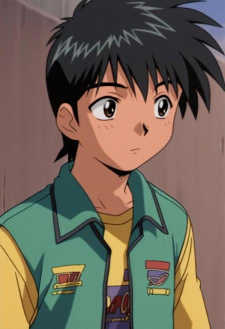 Hajime Aoyama, Black Hair, Brown Eyes Green Jacket, Yellow T-Shirt, Khaki Pants  Red and Yellow Jacket, Blue Shirt 1990s Anime, Retro Anime Style